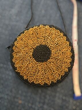 Beaded Sunburst Crossbody Bag - Black & Gold